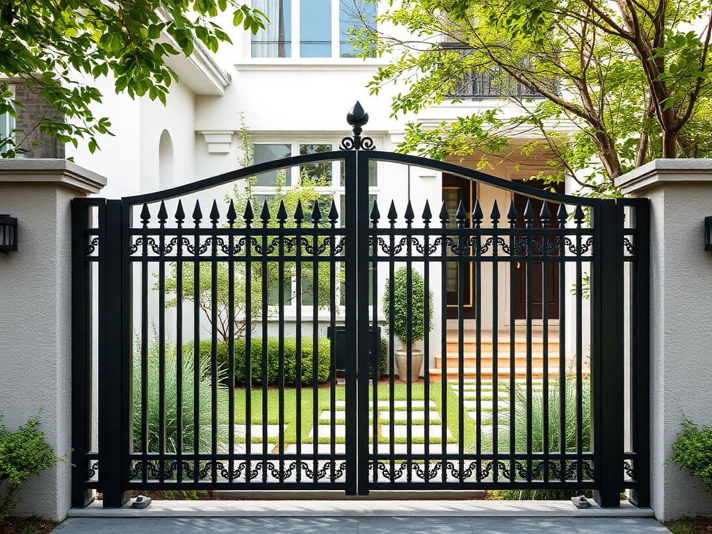 Clôture et portail métalliques autour d'un jardin de villa