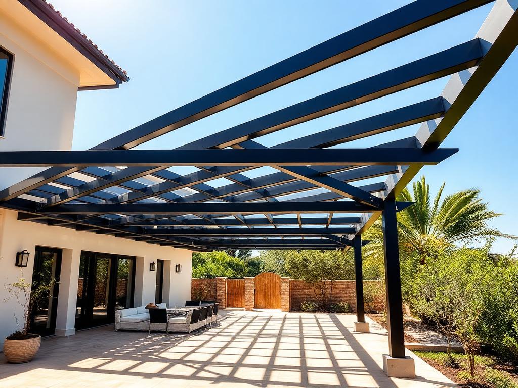 Pergola métallique noire au-dessus d'une terrasse de villa