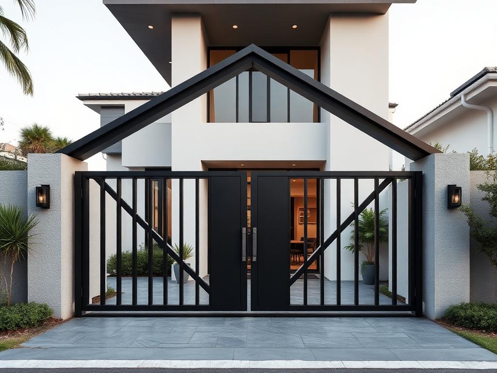 Portail métallique noir contemporain devant une villa moderne